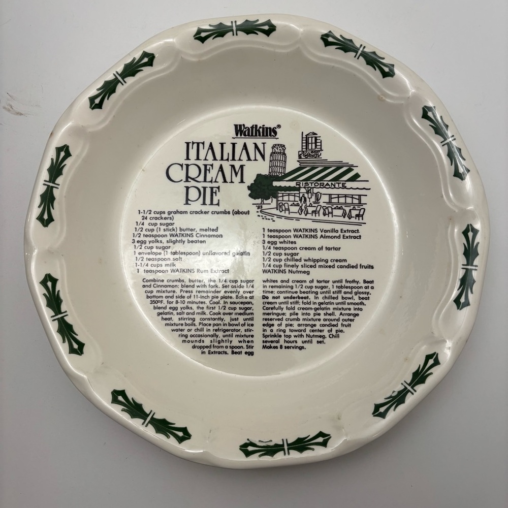 Vintage 1983 Watkins ceramic Italian Cream Pie recipe pie plate